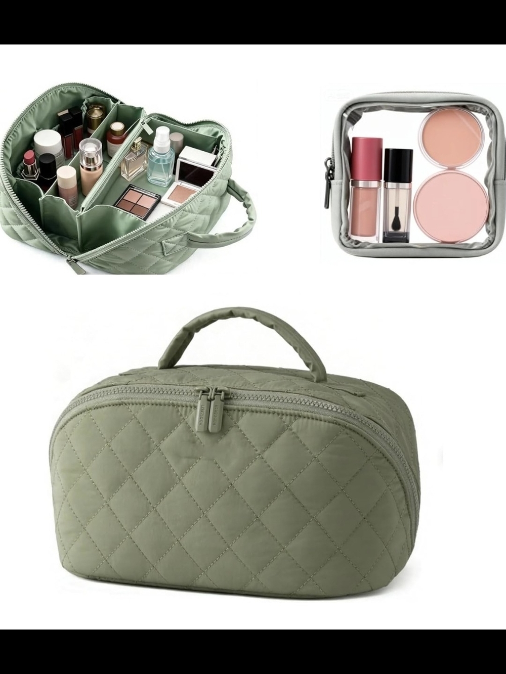 Quilted Olive Green Women's Cosmetic Travel Bag